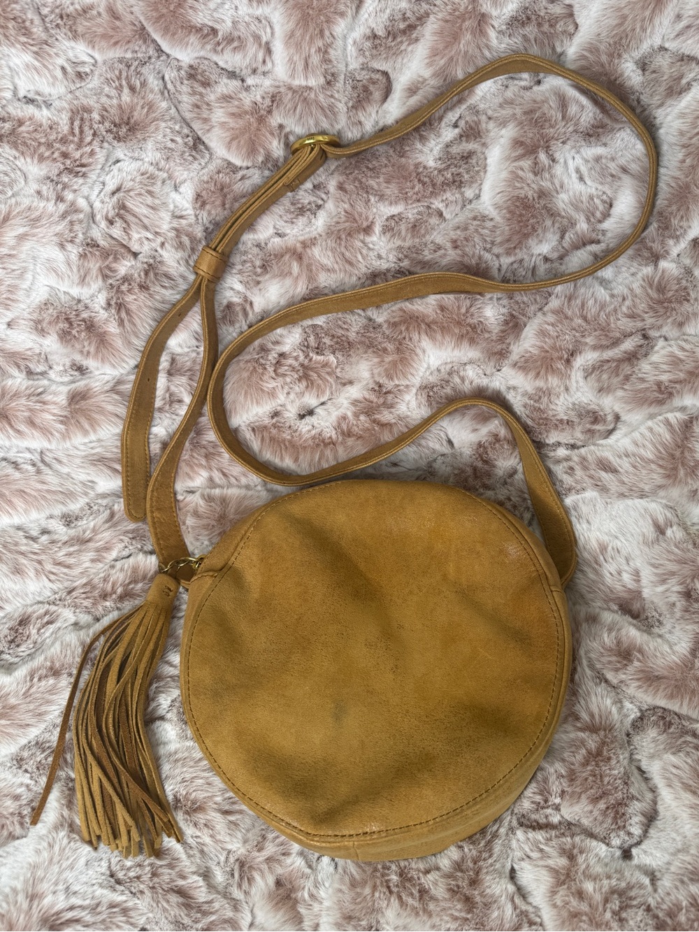 HOBO Round Suede Crossbody Bag in Camel Tan with Tassel